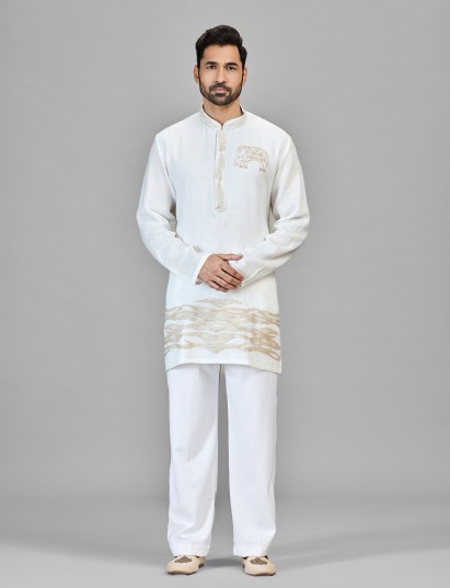 Off white artistic elephant motif kurta for men