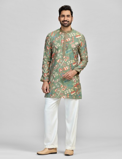 Green vibrant festive silk kurta set for gentlemen