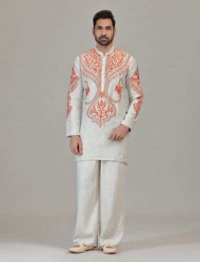 Ivory orange detailed contemporary kurta for men