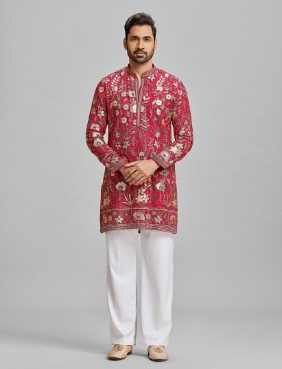 Red georgette embroidered festive couture ensemble kurta suit