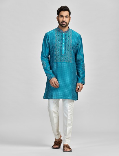 Blue silk bandhani artistic celebration attire