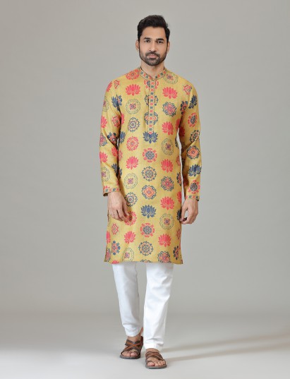 Mustard linen lotus digital print kurta suit
