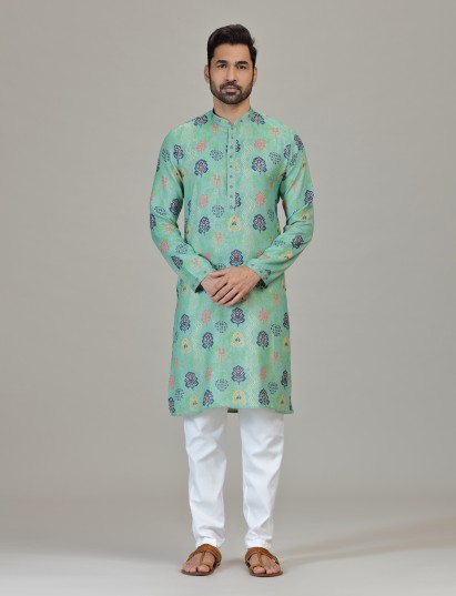 Mint blue linen vibrant printed kurta suit