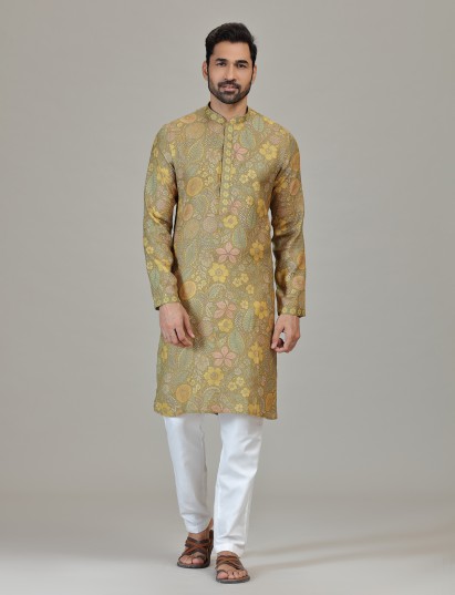 Mehndi green linen floral motif kurta ensemble
