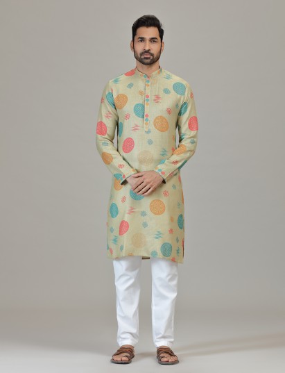 Pista green linen printed festive kurta suit