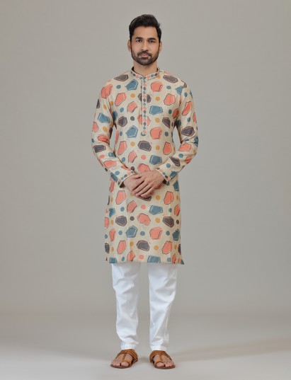 Light beige linen geometric patterned kurta set