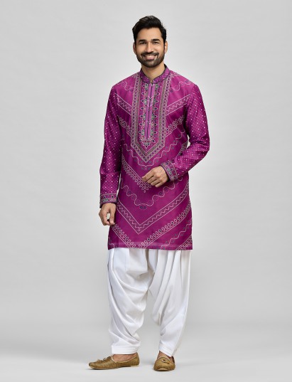 Purple silk bandhani aari salwar celebration kurta suit