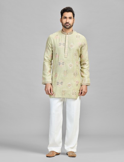 Pista linen cotton embroidered festive attire