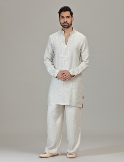 Cream linen resham detailed festive statement