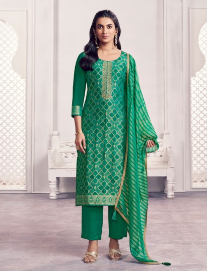 Green geometric zari festive luxury ensemble