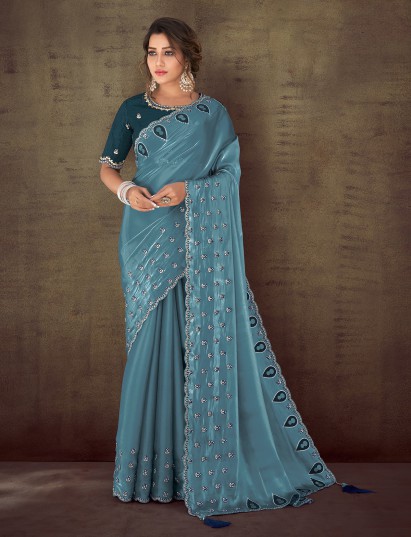 Pastel blue organza satin zari designer saree