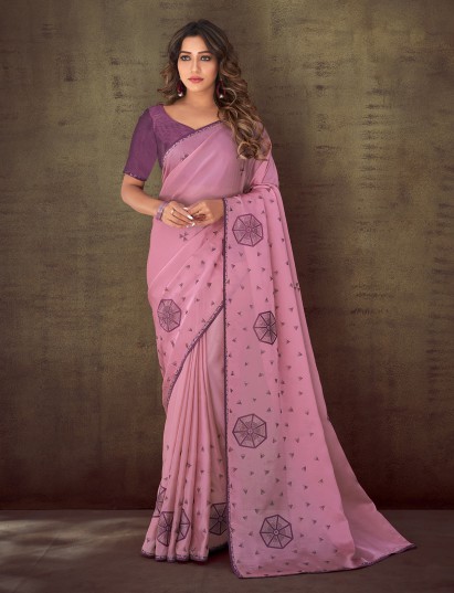 Pink zari organza swarovski designer saree