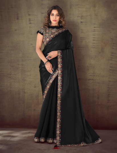Black organza silk georgette embellished festive saree