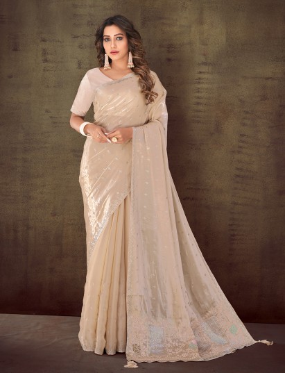 Cream organza silk georgette swarovski work saree