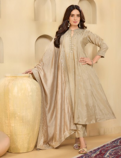 Cream silk stand collar embellished festive salwar suit
