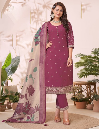 Purple silk embroidered festive salwar suit with dupatta