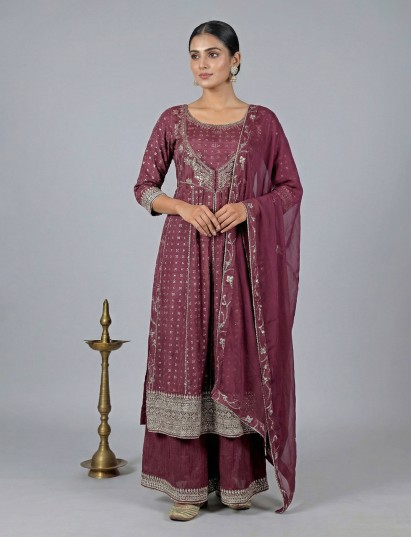 Gorgeous wine raw silk palazzo suit