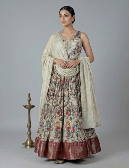 Latest cream printed floor length anarkali suit