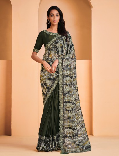 Green digital sequins swarovski stone saree