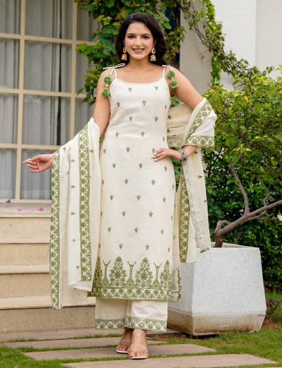 Cream cotton linen embroidered festive kurti palazzo set