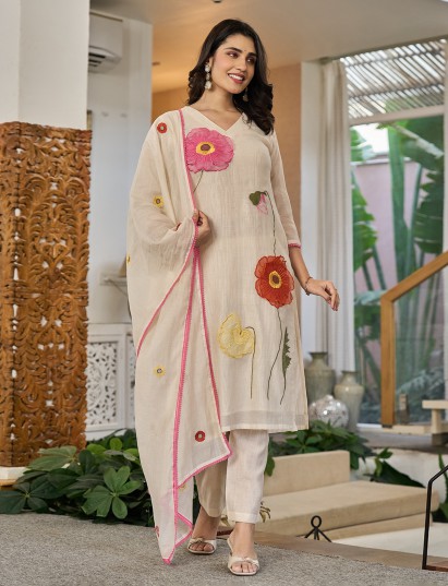 Beige cotton linen patch work festive kurti pant set