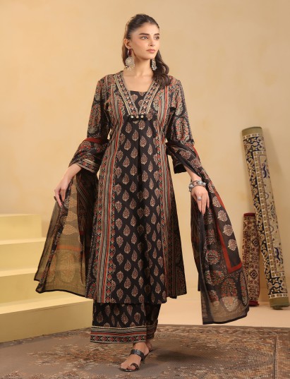 Black cotton silk ajrakh kurti set with dupatta