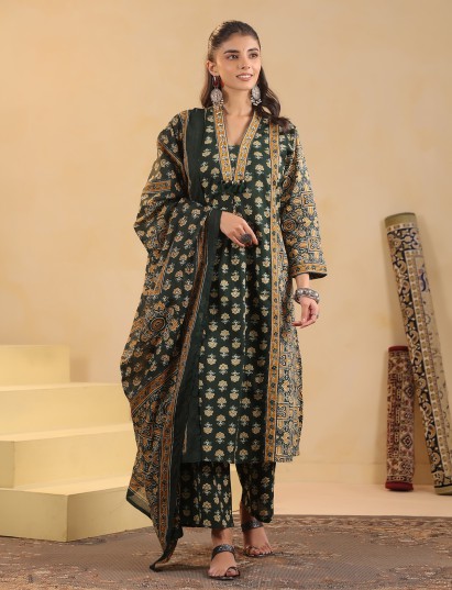 Green cotton silk ajrakh printed kurti pant set