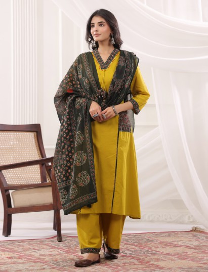 Mustard yellow cotton silk ajrakh anarkali set