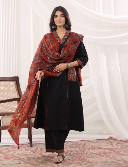 Black cotton silk ajrakh anarkali festive kurti set