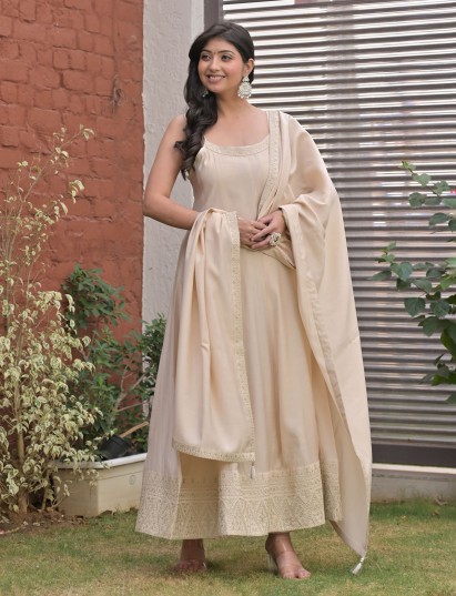 Beige cotton silk embroidered anarkali kurti pant set