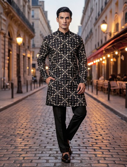 Black printed cotton kurta suit for mens festive wear