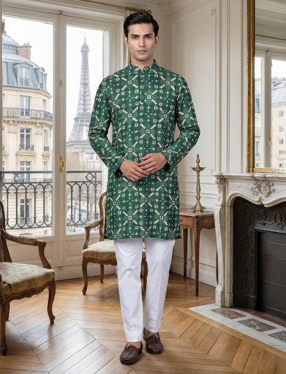 Printed cotton dark green kurta suit