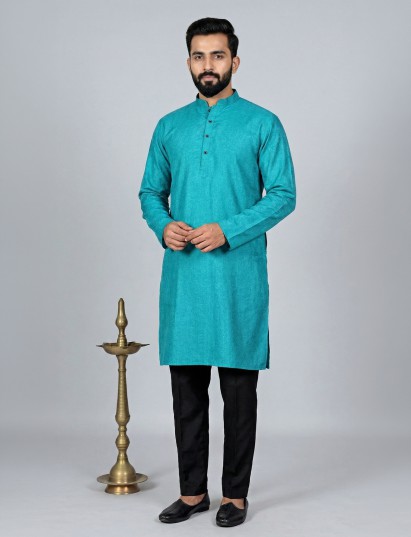 Light printed rama blue silk kurta suit