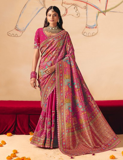 Rani pink majestic peacock elephant patola banarasi saree