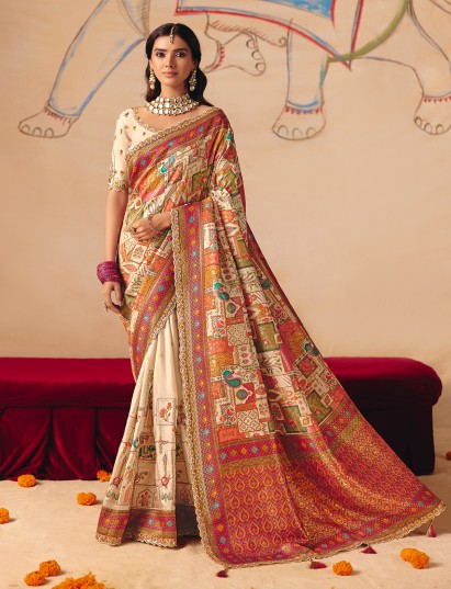 Cream regal peacock elephant artistic banarasi festive saree