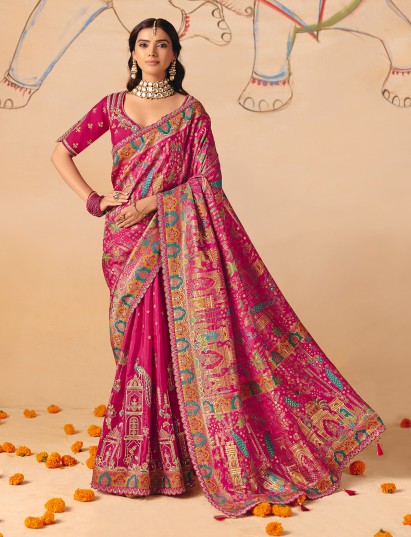 Magenta pink temple inspired peacock patola banarasi saree