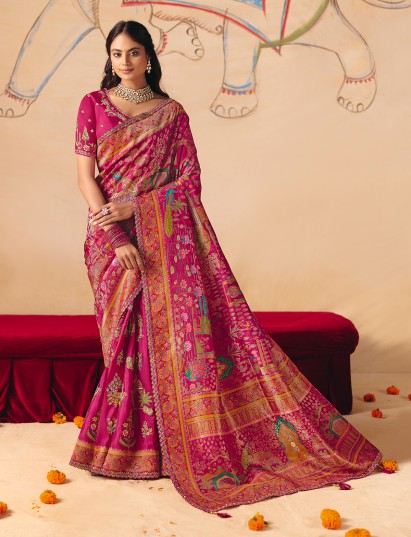 Magenta pink lotus inspired peacock banarasi silk saree