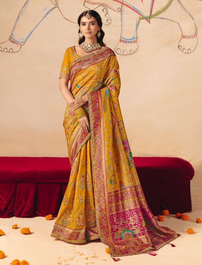 Mustard yellow lotus peacock ceremonial banarasi saree