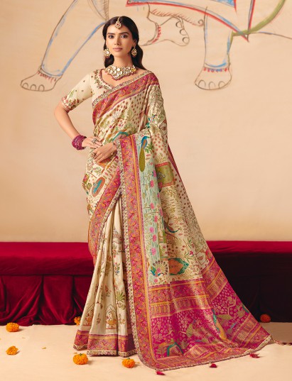Cream graceful lotus peacock woven banarasi saree