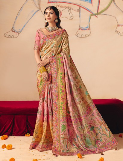 Beige blush shaded peacock designer banarasi silk saree