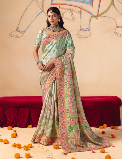 Blue calm white shaded peacock banarasi festive saree