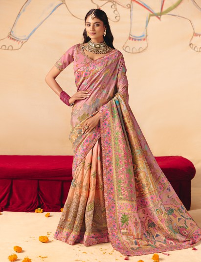 Light pink peach shaded peacock banarasi celebration saree