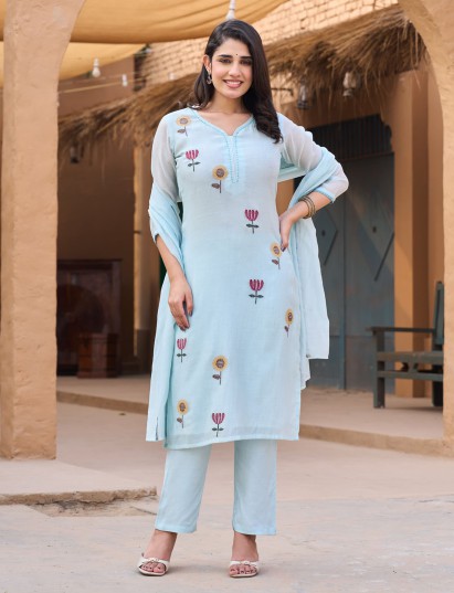 Sky blue cotton silk embroidered festive kurti pant set
