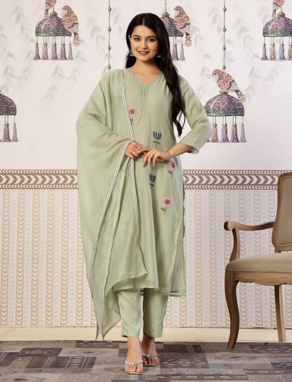 Mehndi green cotton silk embroidered festive kurti pant set