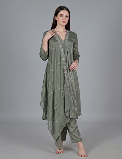 Green satin georgette silk anarkali pant salwar suit