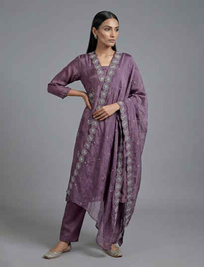 Purple satin georgette silk anarkali salwar suit