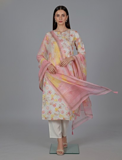 Cream cotton silk floral printed salwar suit