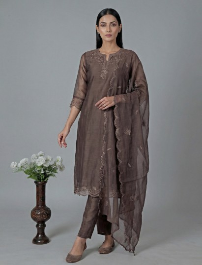 Brown cotton organza embroidered salwar suit