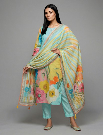 Sea green cotton silk aabla printed salwar suit