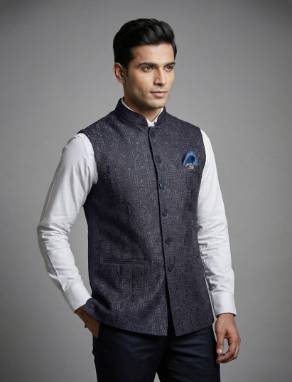 Blue cotton silk thread detailed waistcoat with classic appeal
